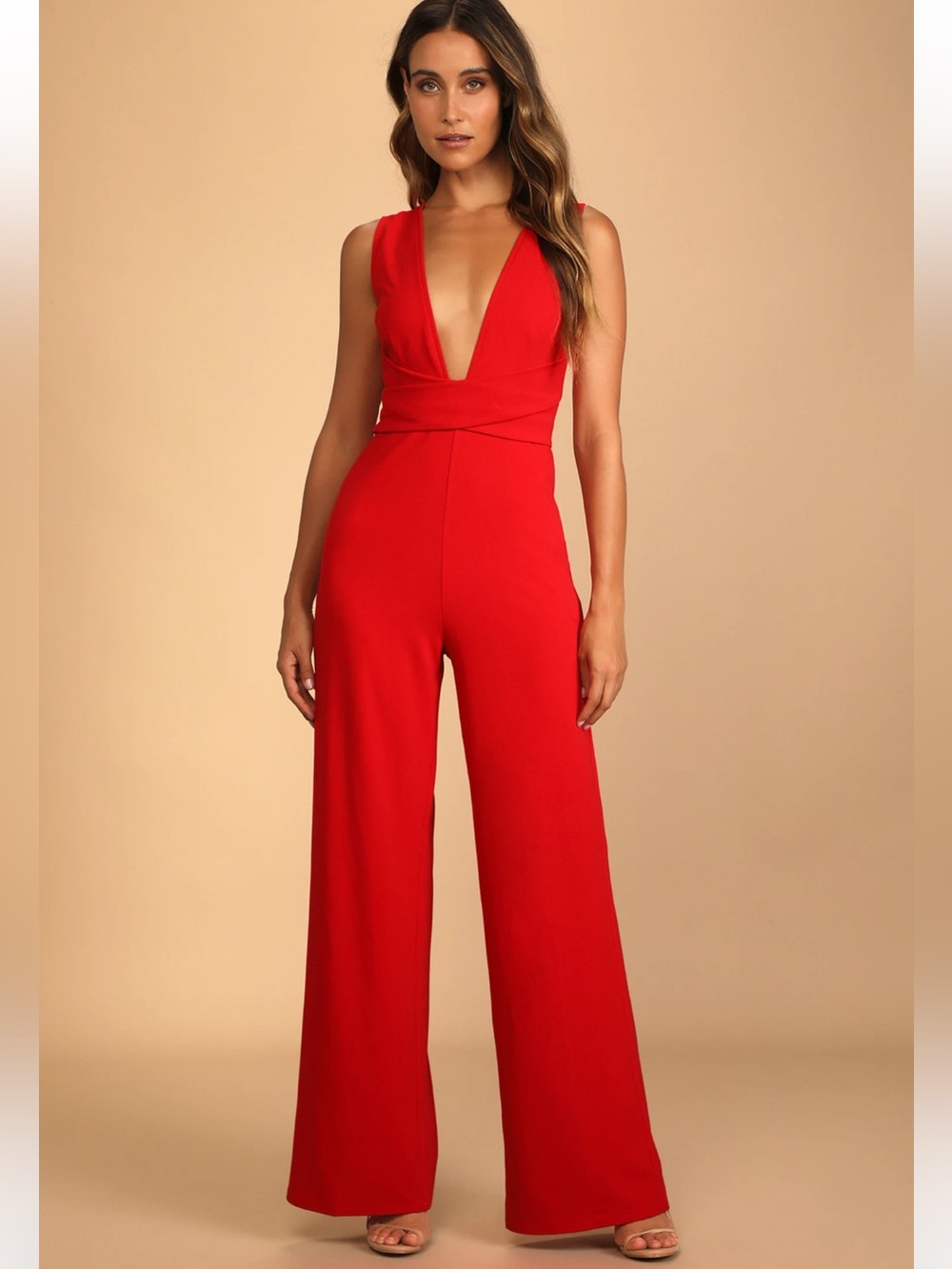 Lulu's Red Deep V-Waist Wide-Leg Jumpsuit